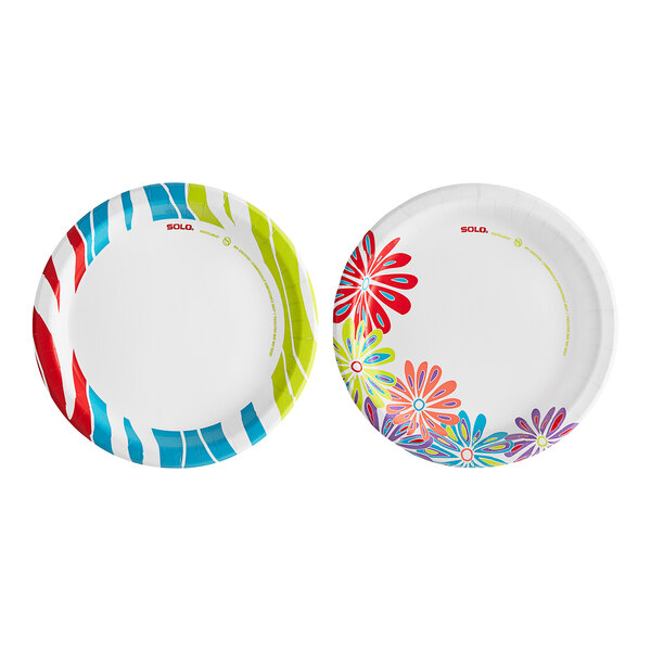 Two Solo AnyDay paper plates with colorful flower designs. One has lush blooms and the other has wavy tropics.