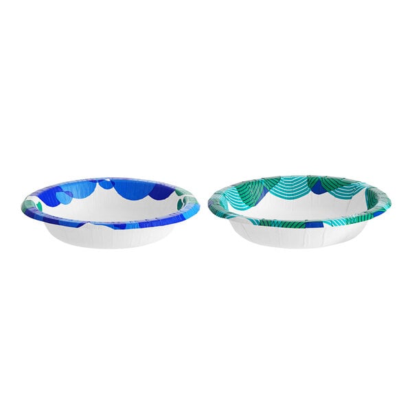 Two Solo paper bowls with blue and green designs.