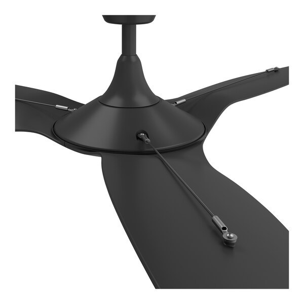 A black Big Ass Fans Haiku outdoor ceiling fan with a black pole.