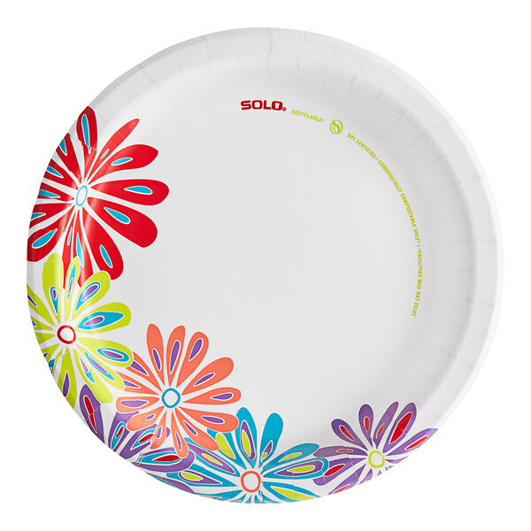 A Solo AnyDay paper plate with colorful flowers on it.