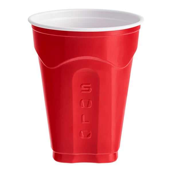 A Solo Squared red plastic cup with a white rim.
