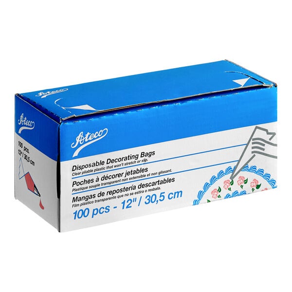 A blue and white box with white text reading "Ateco 12" High-Grip Clear Disposable Pastry Bags - 100/Roll"