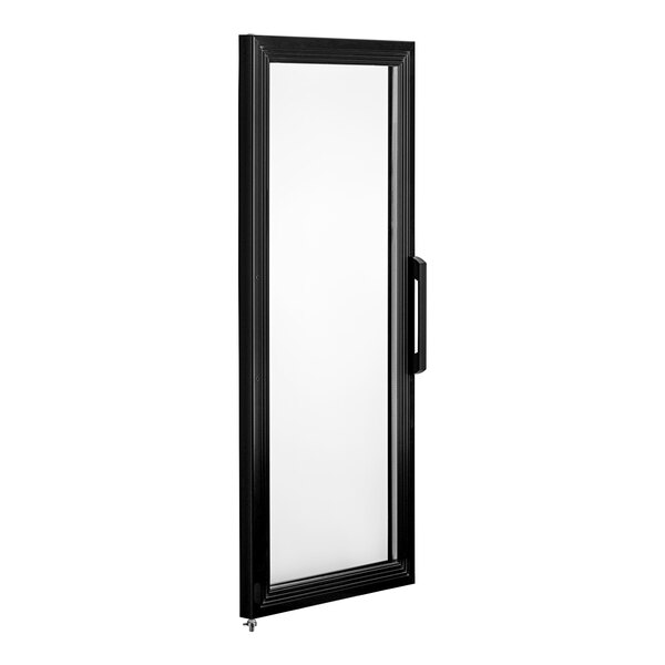 An Avantco black rectangular glass door with a white handle.