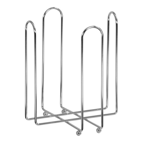 A silver wire iron napkin holder with four metal rods.