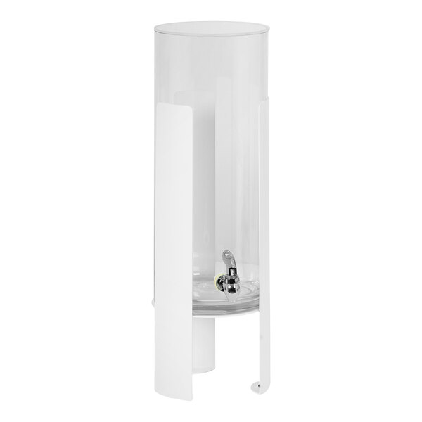 A white Cal-Mil beverage dispenser with a glass cylinder and metal base.