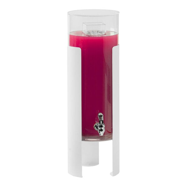 A Cal-Mil plastic beverage dispenser with a white metal base holding pink liquid.