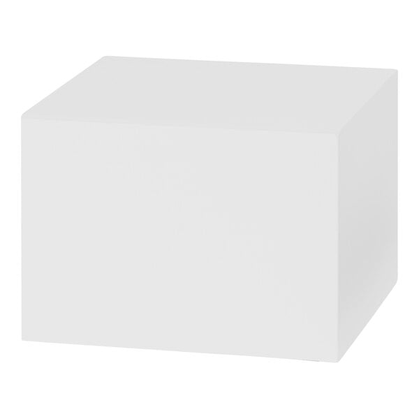 A white metal cube display stand.