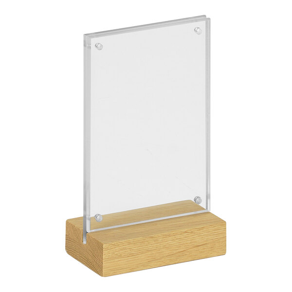 A Cal-Mil clear acrylic and oak base card holder.