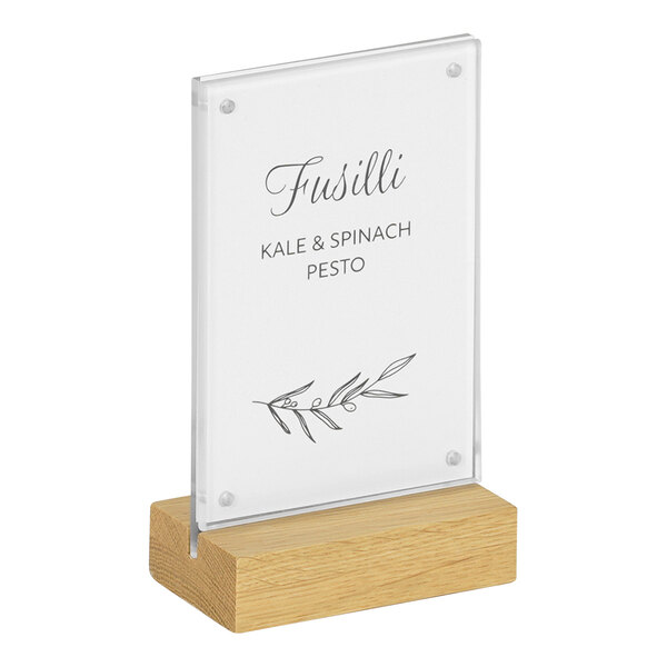 A Cal-Mil oak base card holder with the word "tifili" in black on a white card.