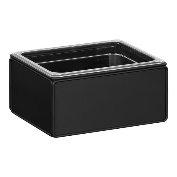 A black rectangular metal ice housing with a clear pan inside.