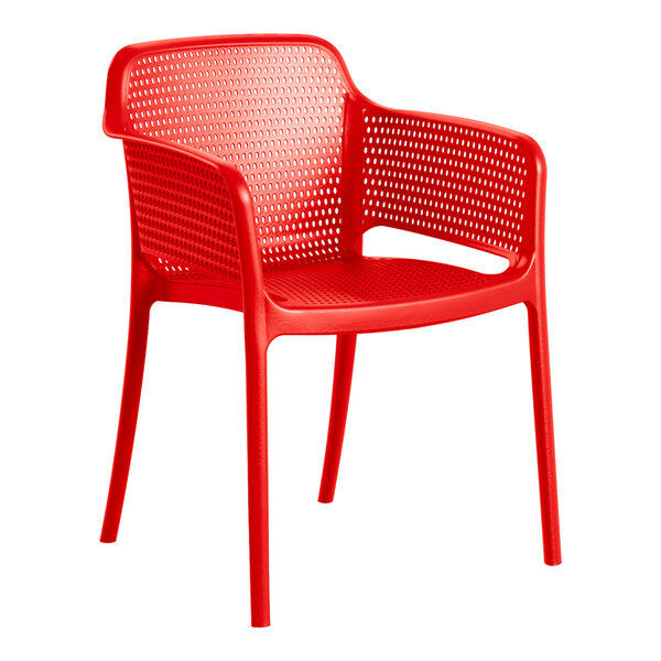 A red resin arm chair by Lancaster Table & Seating.
