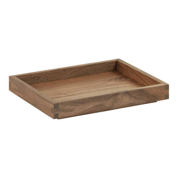 A Cal-Mil walnut display box with a handle.