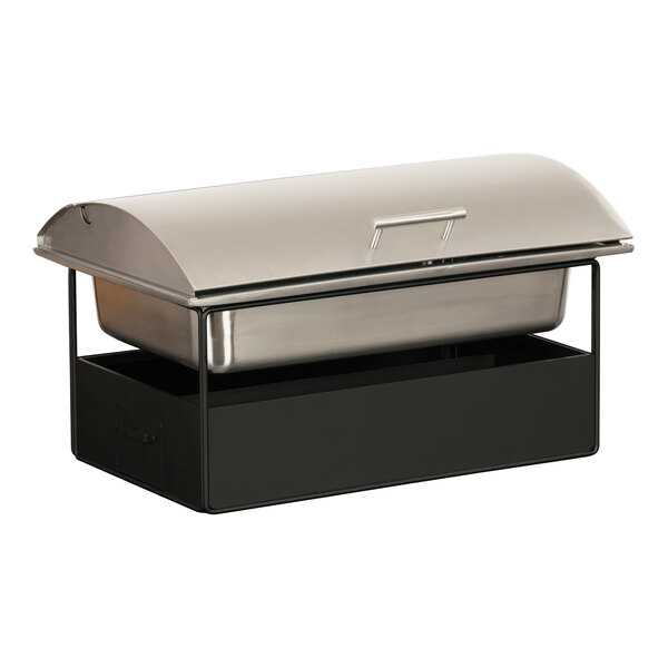 A stainless steel container with a lid in a black metal stand.