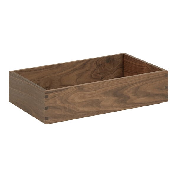 A Cal-Mil walnut display box with metal hinges.