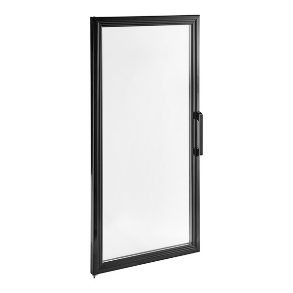 A black rectangular door with a glass window.