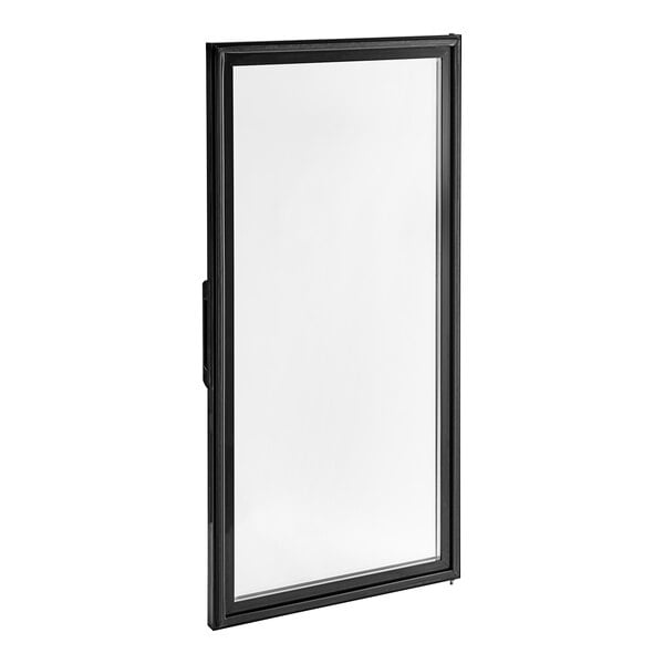 A black rectangular glass door with a white background.