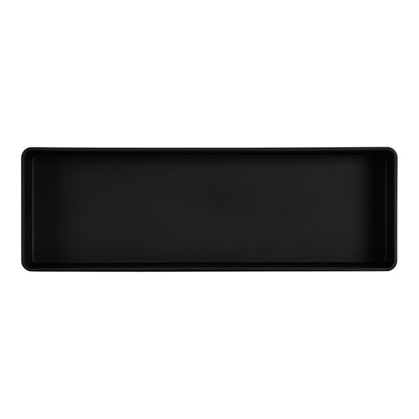 A black rectangular raised rim serving bowl on a white background.