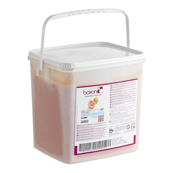 A white plastic bucket of Les Vergers Boiron Pink Guava Fruit Puree with a handle.