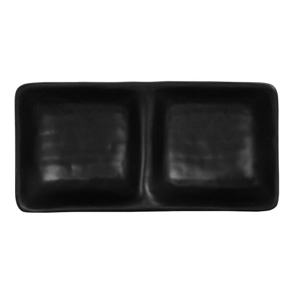 A black rectangular Cal-Mil sauce dish with two square compartments.
