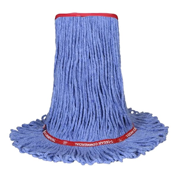 A close-up of a blue O-Cedar Commercial MaxiClean medium mop head with a blue and red band.