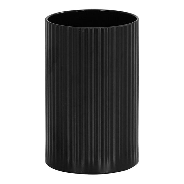 A black ribbed melamine crock with a white background.