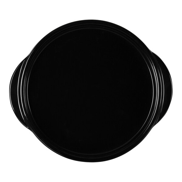 A black round Cal-Mil melamine cocotte with handles.