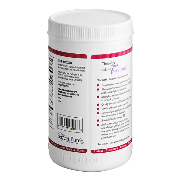 A white can of Perfect Puree Prickly Pear Puree with a red and white label.