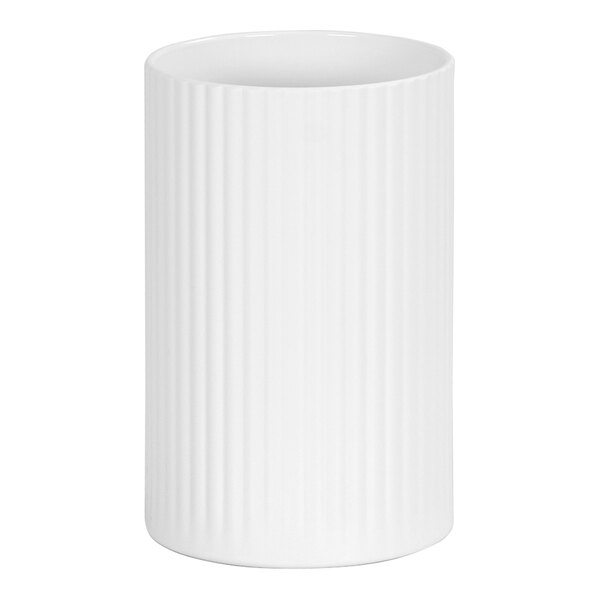 A white rectangular Cal-Mil melamine crock with vertical ribbing.