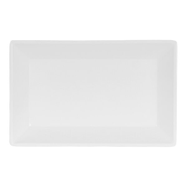 A white rectangular Cal-Mil melamine plate.