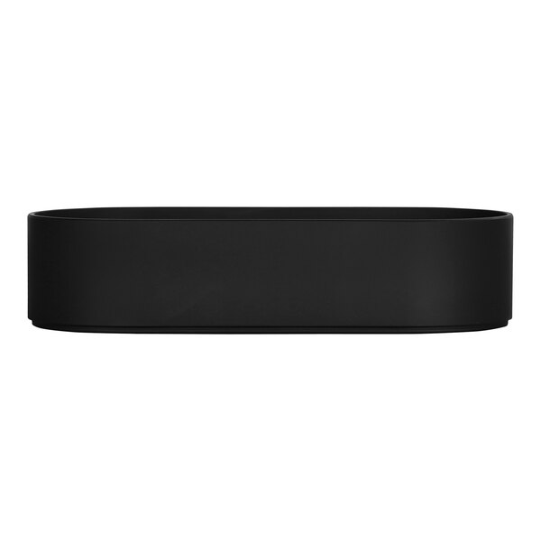 A black oval raised rim serving bowl.