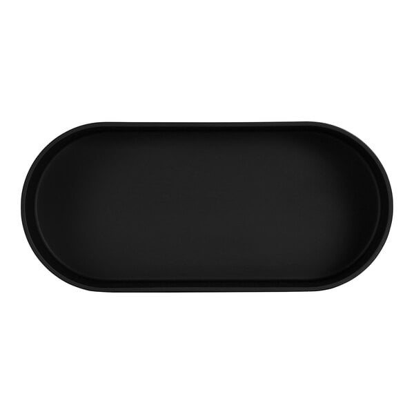 A black oval raised rim serving bowl.