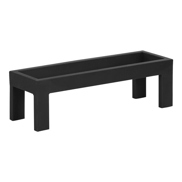 A black metal rectangular display riser with legs.
