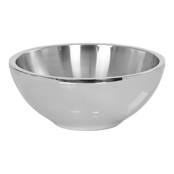 A stainless steel bowl with a white background.