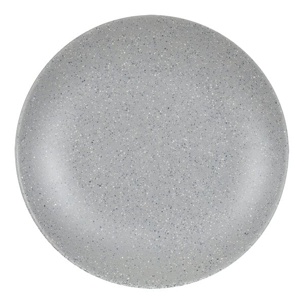 A close-up of a gray speckled Cal-Mil melamine coupe plate.