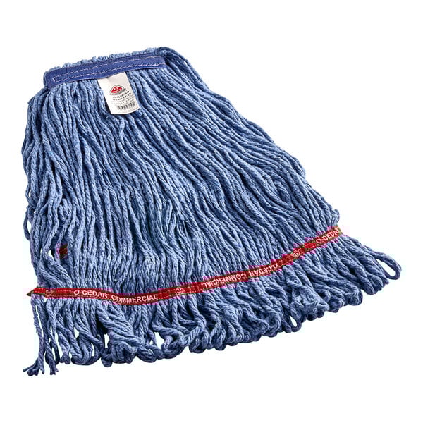 An O-Cedar blue cotton and synthetic blend mop head with a red stripe.