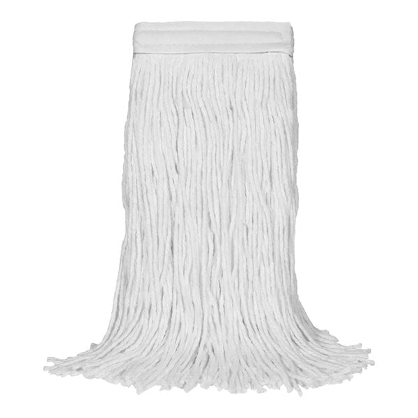 A white O-Cedar Commercial mop head with long white threads.