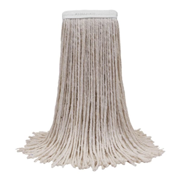 A close-up of an O-Cedar Natural Cotton Cut-End Mop Head with a white surface.