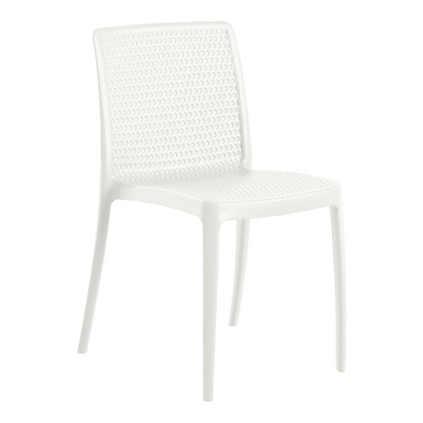 A white plastic chair with a woven seat.