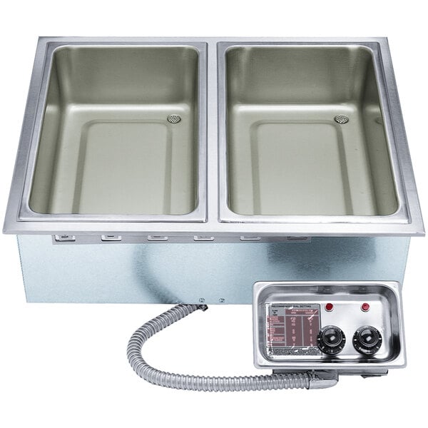 An APW Wyott insulated drop-in hot food well with two pans and thermostatic controls.