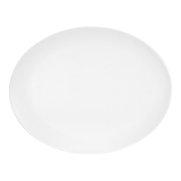 A white oval melamine platter with a curved edge.