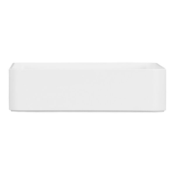 A white rectangular Cal-Mil melamine bowl.