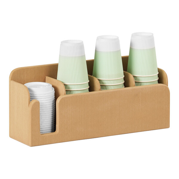 A Cal-Mil faux wood cup and lid organizer with four compartments holding cups.