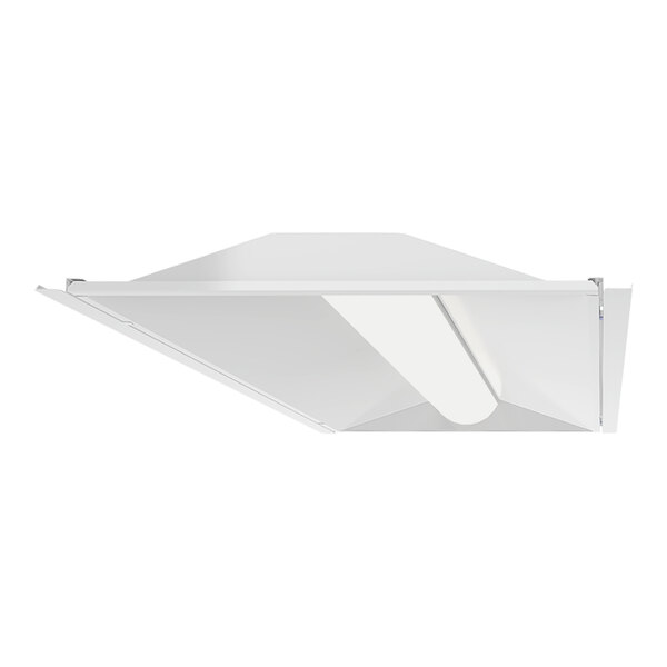 A white rectangular light fixture with a light on it.