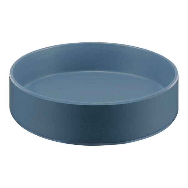 A blue round container with a raised rim on a white background.