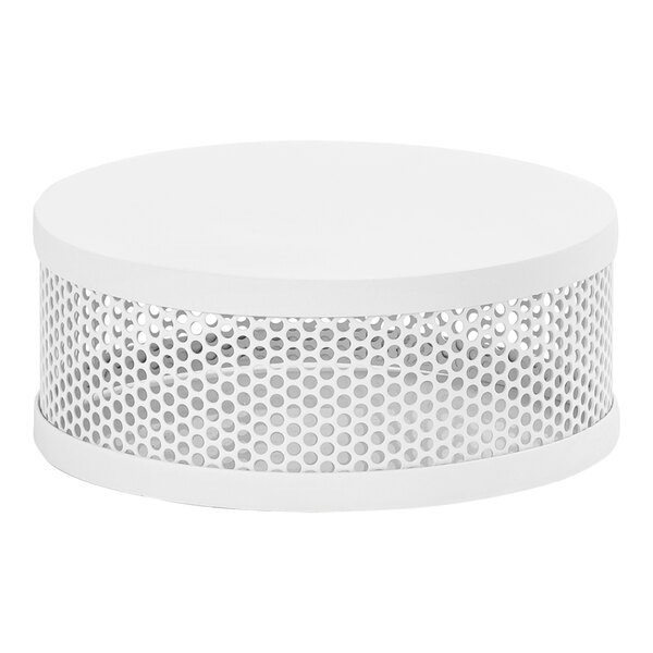 A white round Cal-Mil display stand with holes in it.