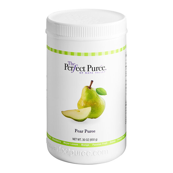 A white plastic container of Perfect Puree Pear with a green and white label.