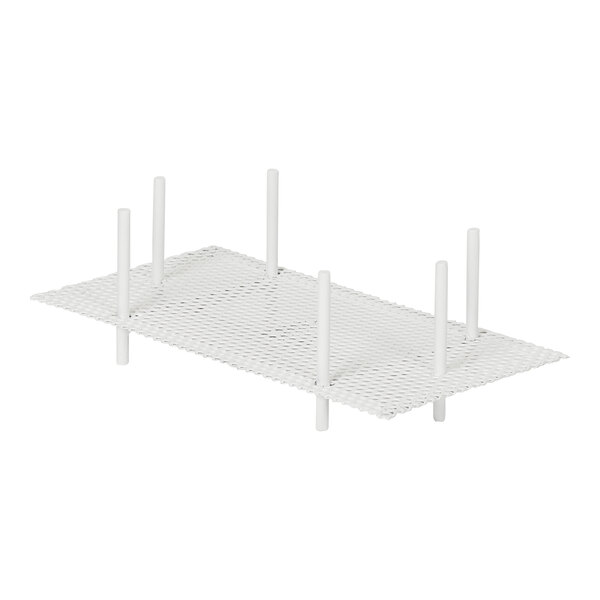 A white metal napkin holder with four white metal poles.