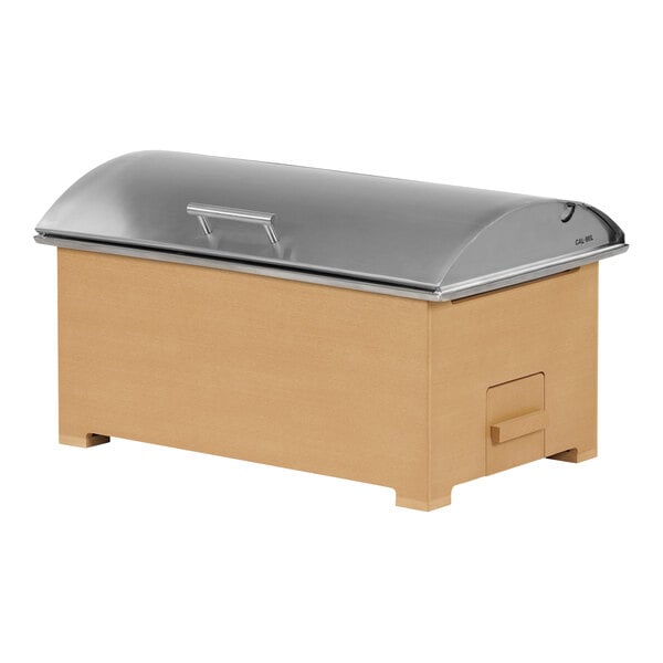 A metal chafer with a wooden lid.