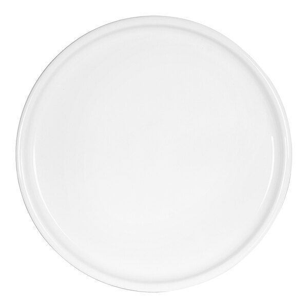 A close-up of a Cal-Mil white melamine plate with a round rim.