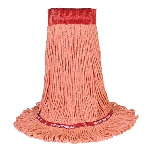 A pink and orange O-Cedar MaxiClean mop head with a red band.